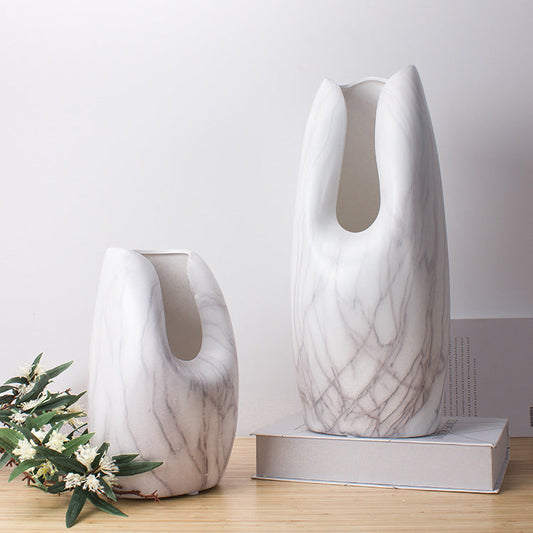 Simple Ceramics, Marbled White Ceramic Vase, Home Decoration