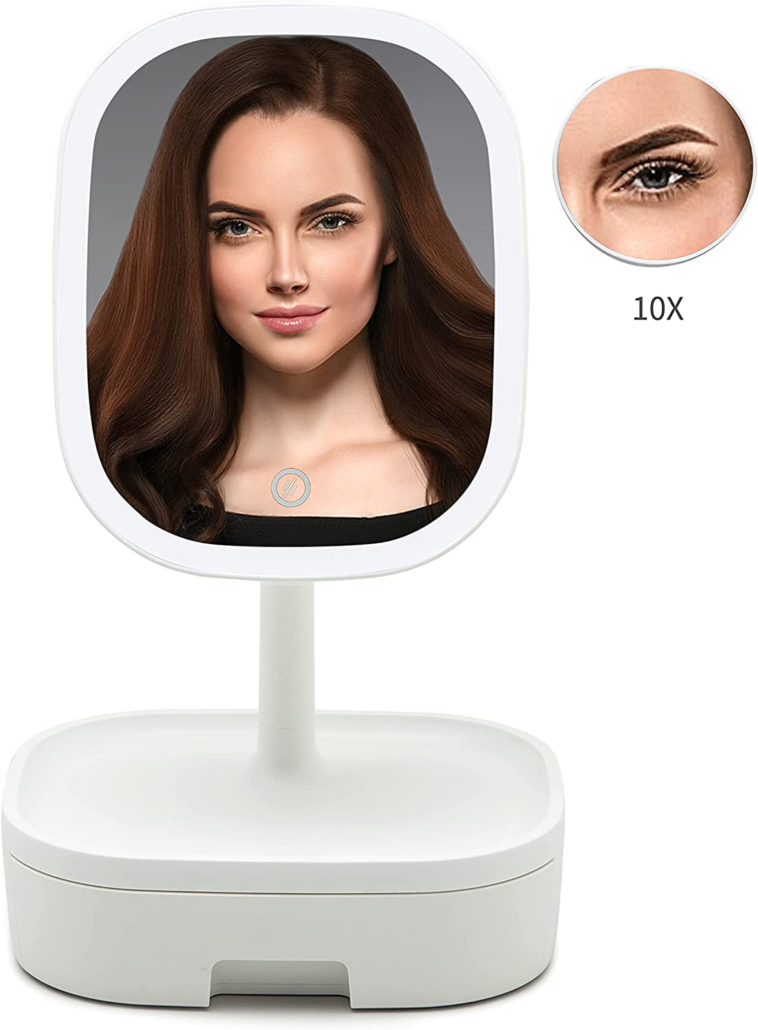 Makeup Mirror Small Desk Mirror with Lights & Magnification, Table Mirror with 10X Magnifying as Travel Mirror, Folding Portable Lighted Vanity Mirror with Lights for Home & Travel,White