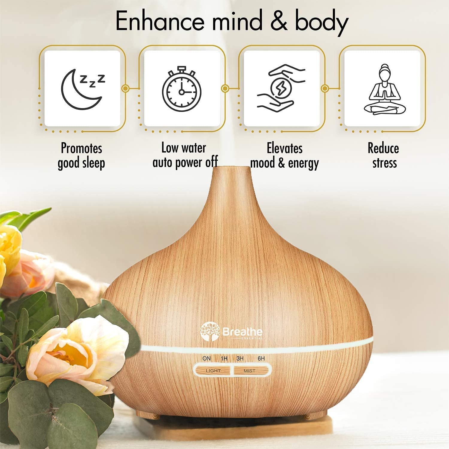 Breathe Essential Oil Diffuser | 550Ml Diffusers for Essential Oils with Cleaning Kit & Measuring Cup, 18 Hour Runtime, 16 LED Light Settings & Auto Power off (Natural Oak)