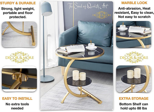 Decor & More round Coffee Table with Storage Shelf for Home & Living Room| Marble Look| Side & Corner Table| Sofa End Table| Night Stand Table| Snack Table| Multi-Use Table| Outdoor & Indoor Furniture